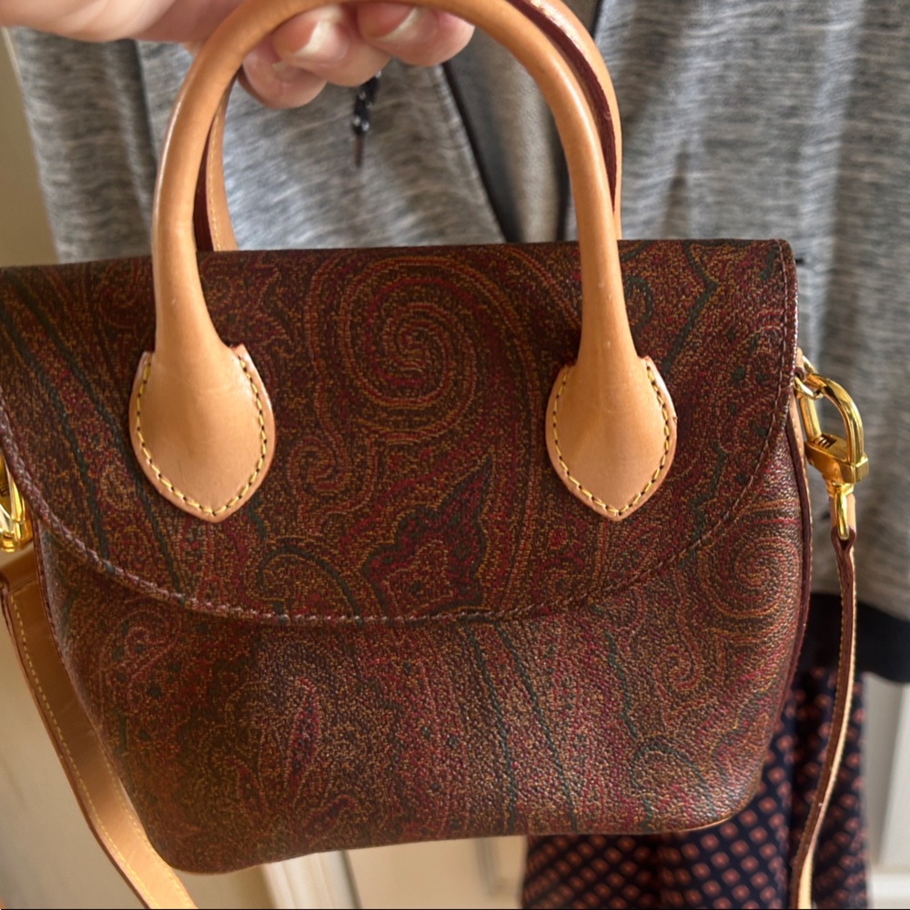 Etro Brown Paisley Mini Top-Handle Bag with Tan Handles, with strap